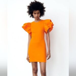 Zara Orange Ribbed Mini Dress NWT Ruffle Puff Sleeve Bodycon Size S